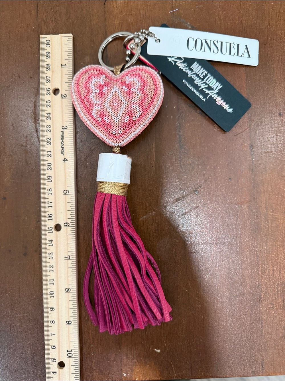 Consuela Pink Sequin Heart Tassel Keychain with Gold Accent